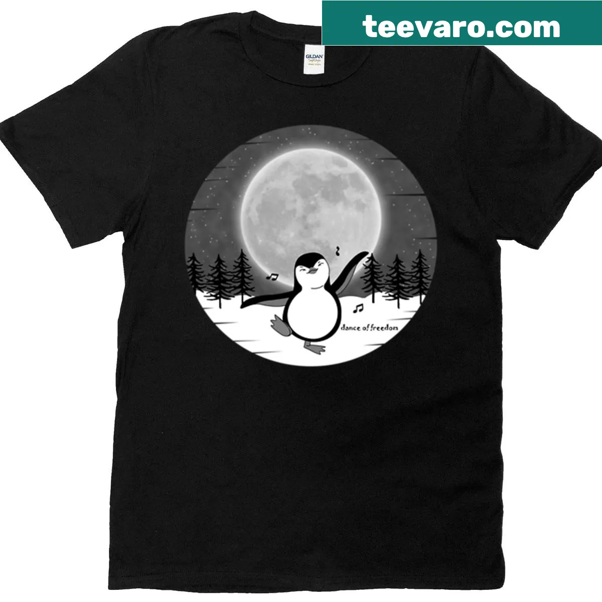 Whimsical penguin dancing under the moon graphic t-shirt — on a men's t-shirt
