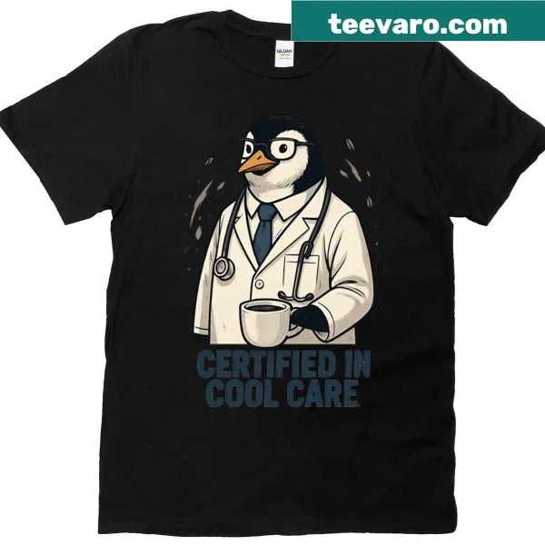 Cartoon penguin in a doctor's coat with stethoscope graphic.
