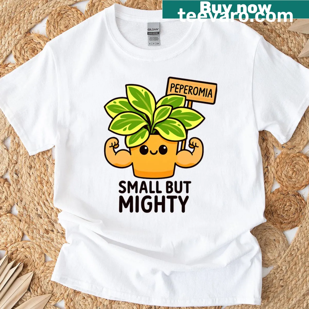 Funny T-shirt featuring a cartoon peperomia character with a cheerful expression. — on a men's t-shirt