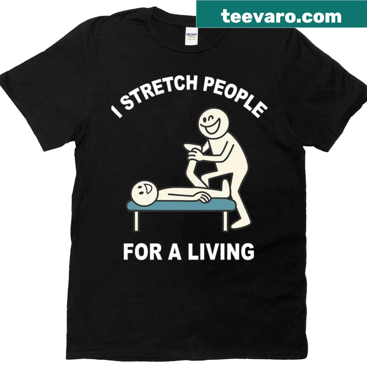 Funny physiotherapist t-shirt about stretching — on a men's t-shirt