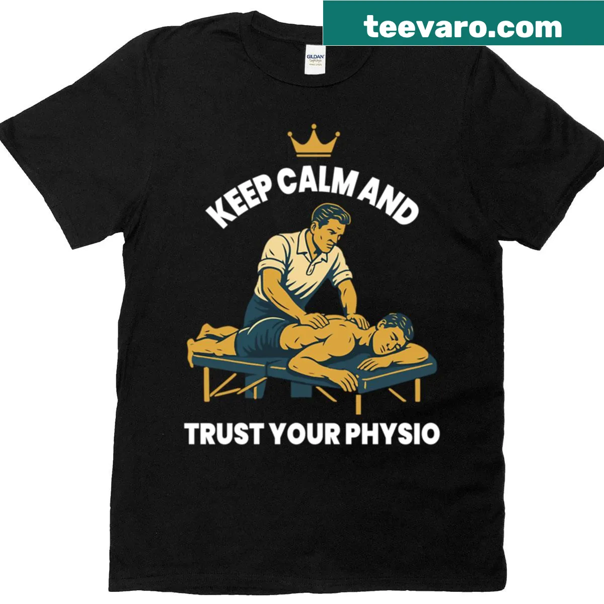 Inspirational 'Keep Calm Trust Physio' t-shirt design — on a men's t-shirt