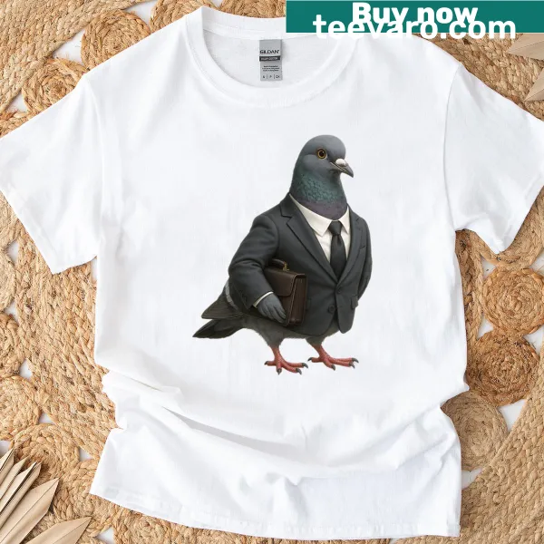 Illustration of a pigeon in a business suit on a T-shirt