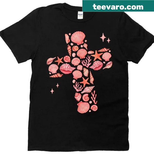 T-shirt with pink seashells and faith cross design