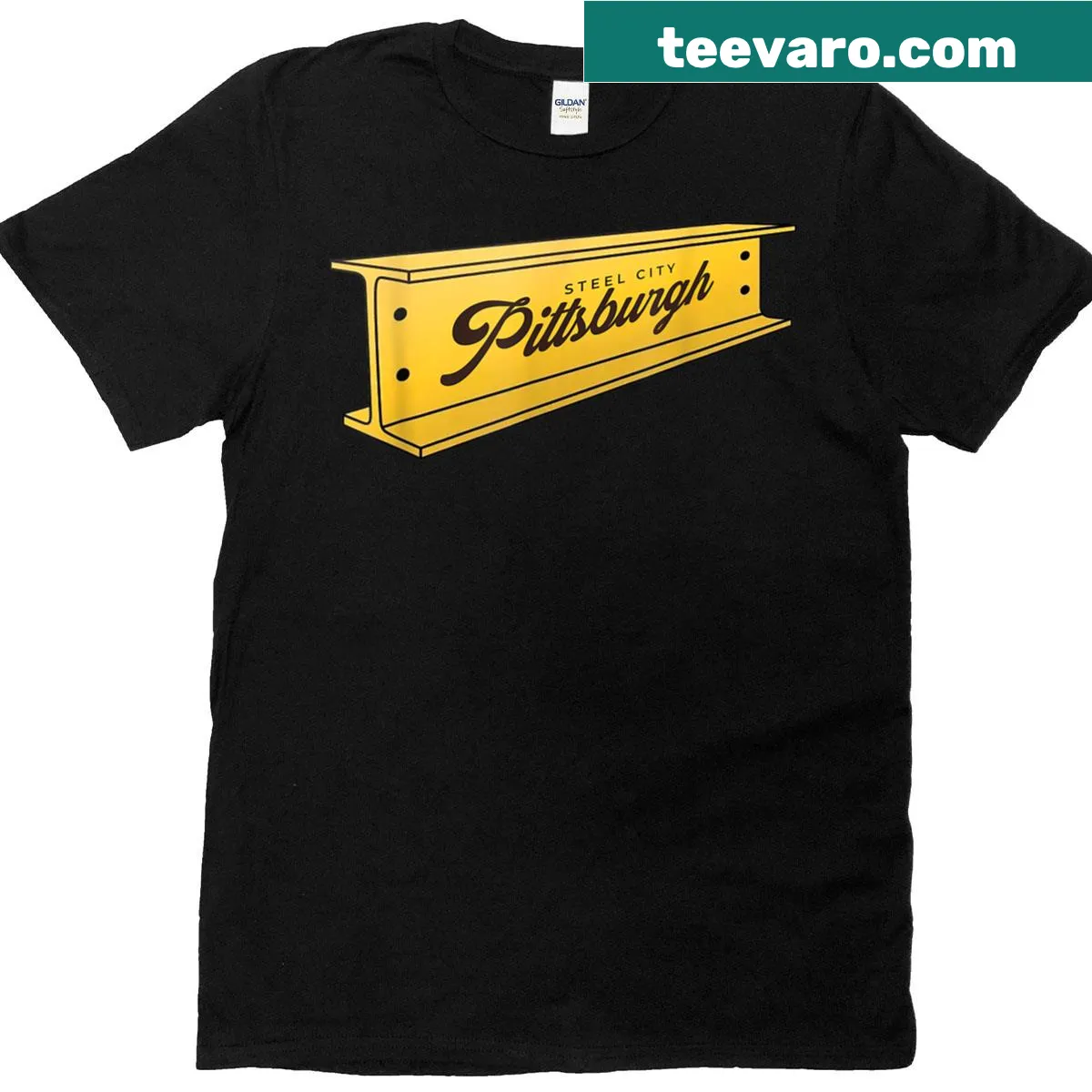 Retro Pittsburgh lettering on steel bar t-shirt — on a men's t-shirt