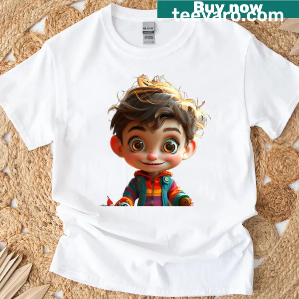 Cartoon boy with big smile on a fun T-shirt for kids