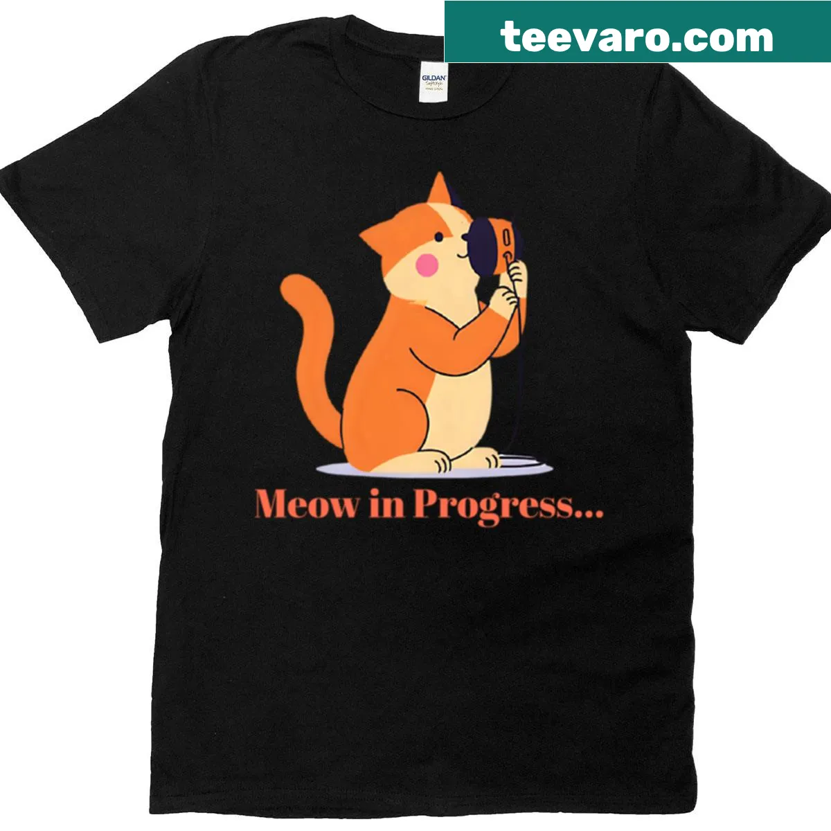 Cute orange cat with microphone graphic on t-shirt — on a men's t-shirt