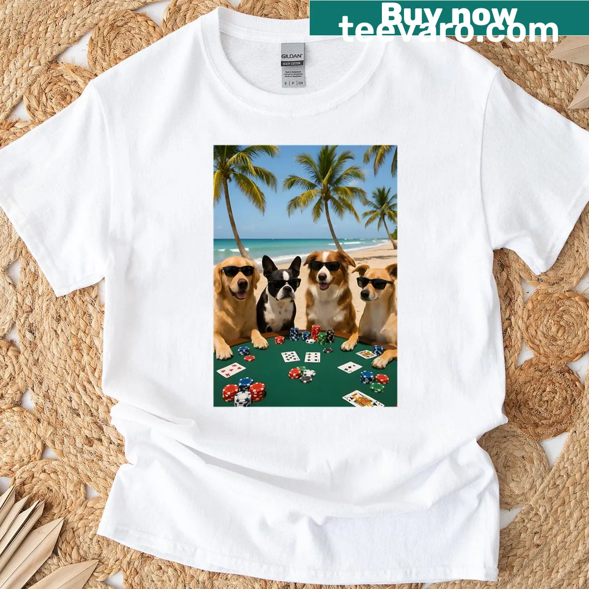 Illustration of dogs playing poker on a beach on a T-shirt — on a men's t-shirt