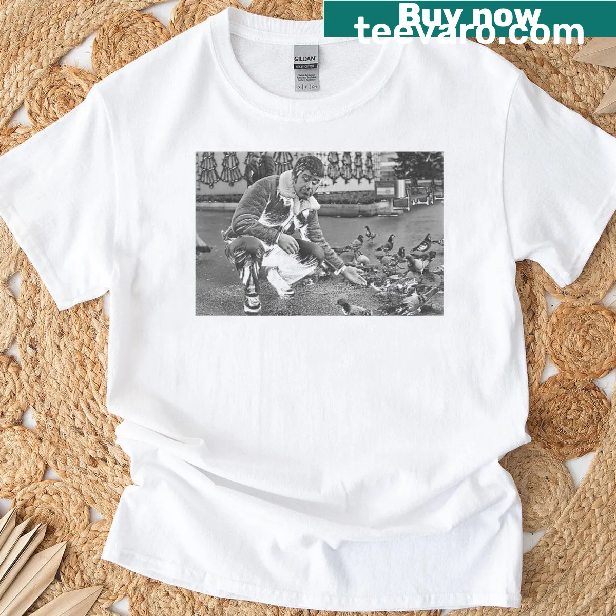 Ozzy Osbourne with pigeons graphic t-shirt — on a men's t-shirt