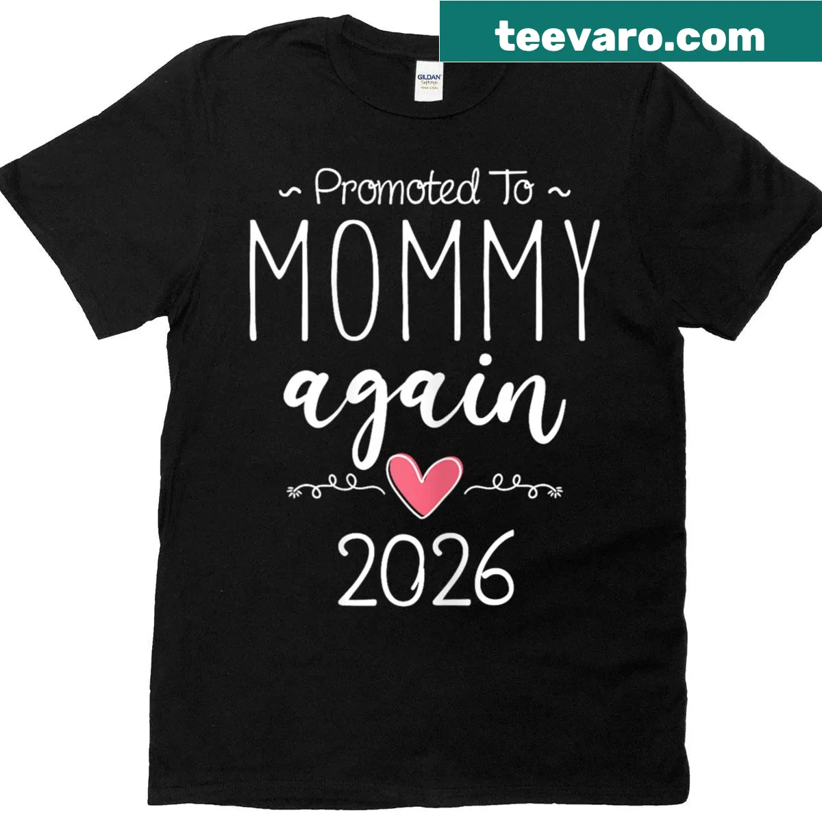 Funny pregnancy reveal t-shirt saying 'Promoted To Mommy Again 2026' — on a men's t-shirt