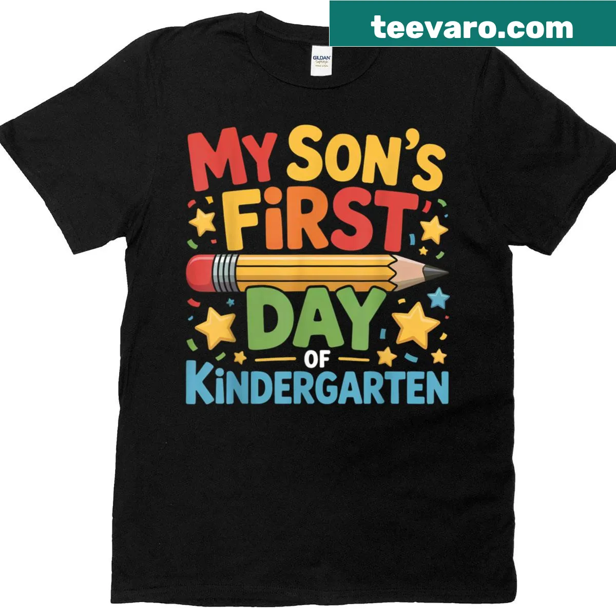 Funny t-shirt celebrating a son's first day of kindergarten for dads. — on a men's t-shirt