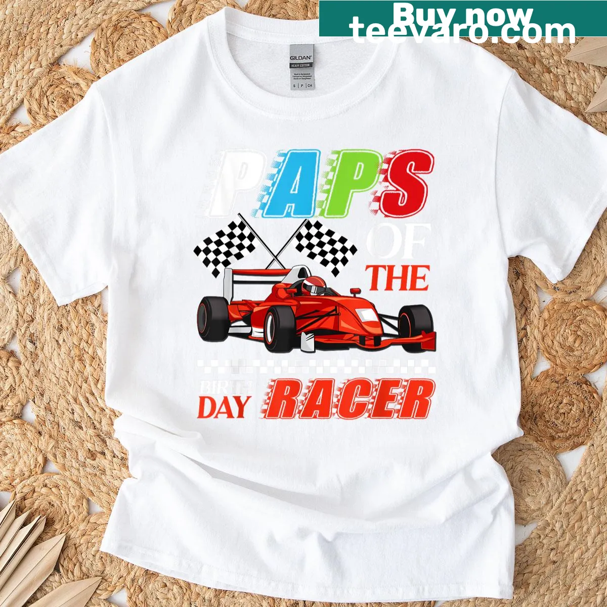 Racing-themed birthday t-shirt with humorous graphics for dads — on a men's t-shirt