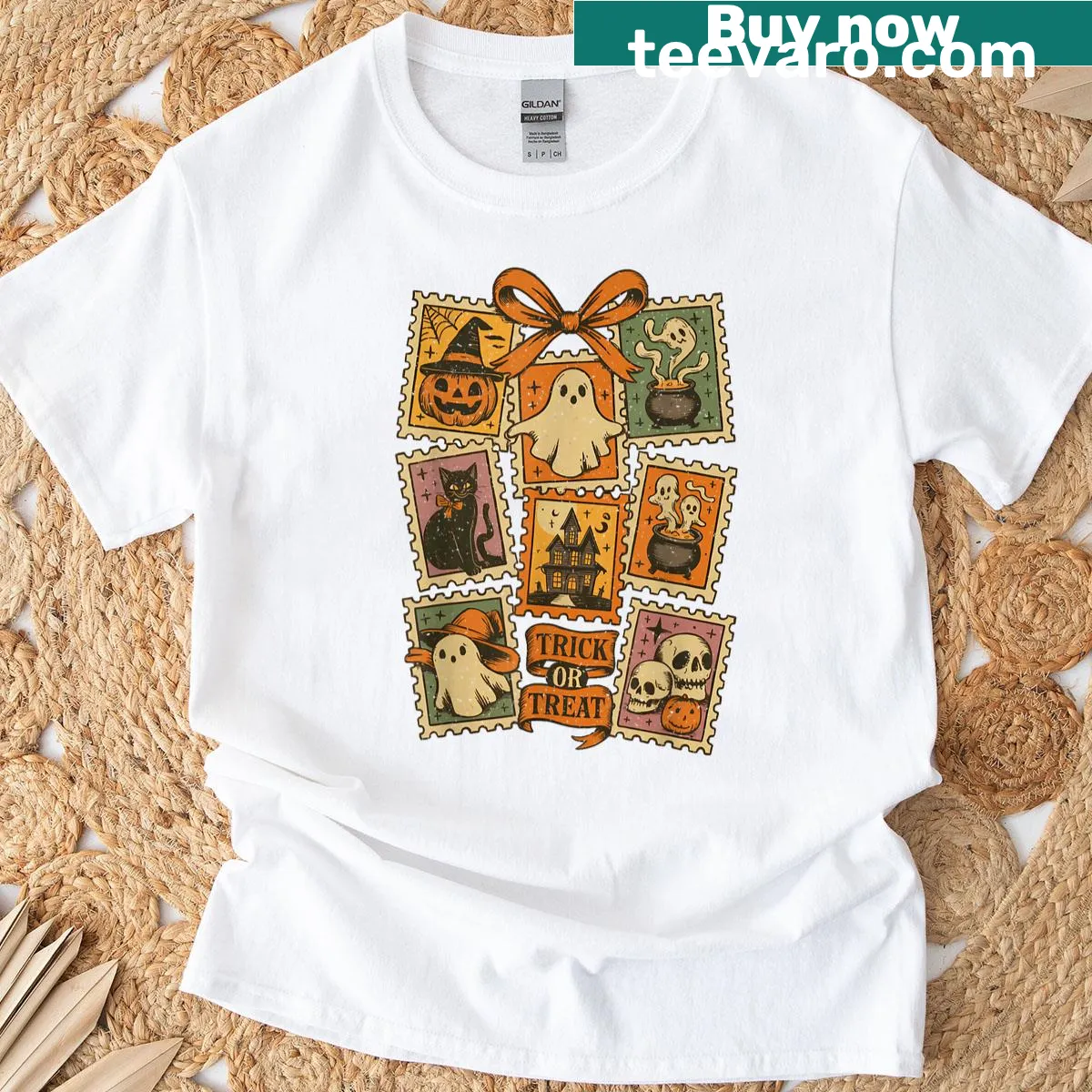 Funny Halloween cat ghost design with retro stamp icons on a T-shirt — on a men's t-shirt