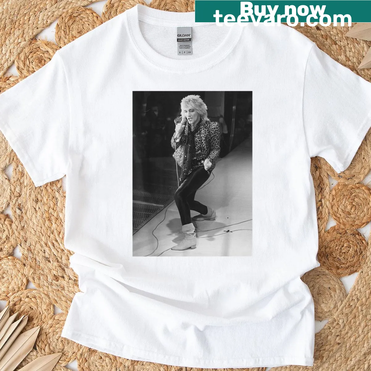 Illustrated T-shirt featuring Rod Stewart's iconic face — on a men's t-shirt