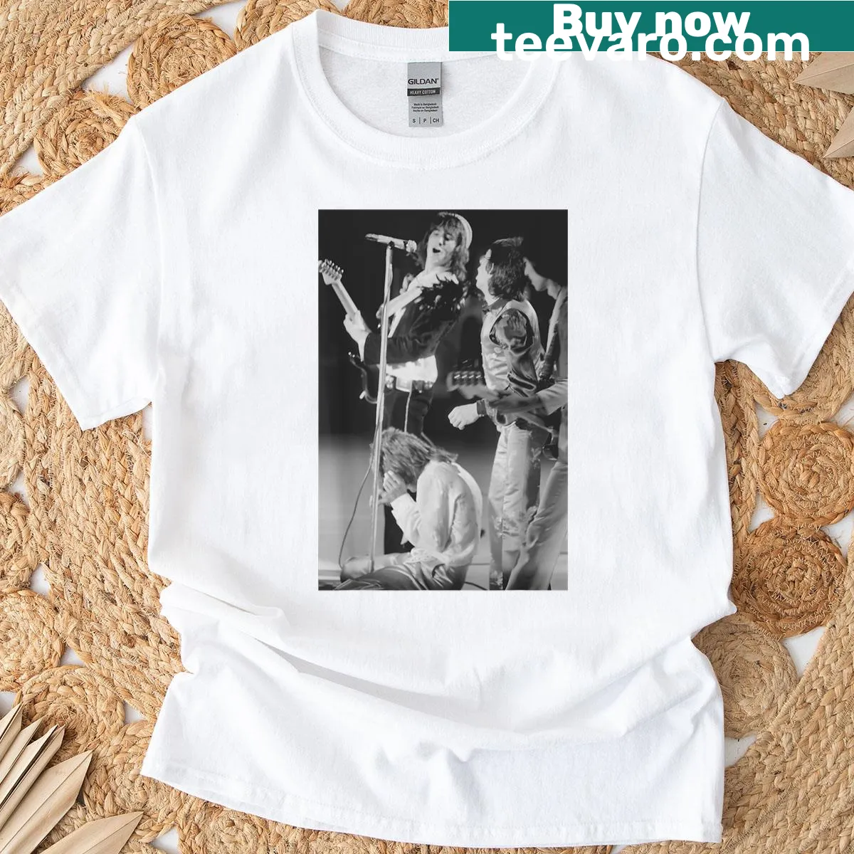 Vintage graphic of Rod Stewart and band on a T-shirt. — on a men's t-shirt