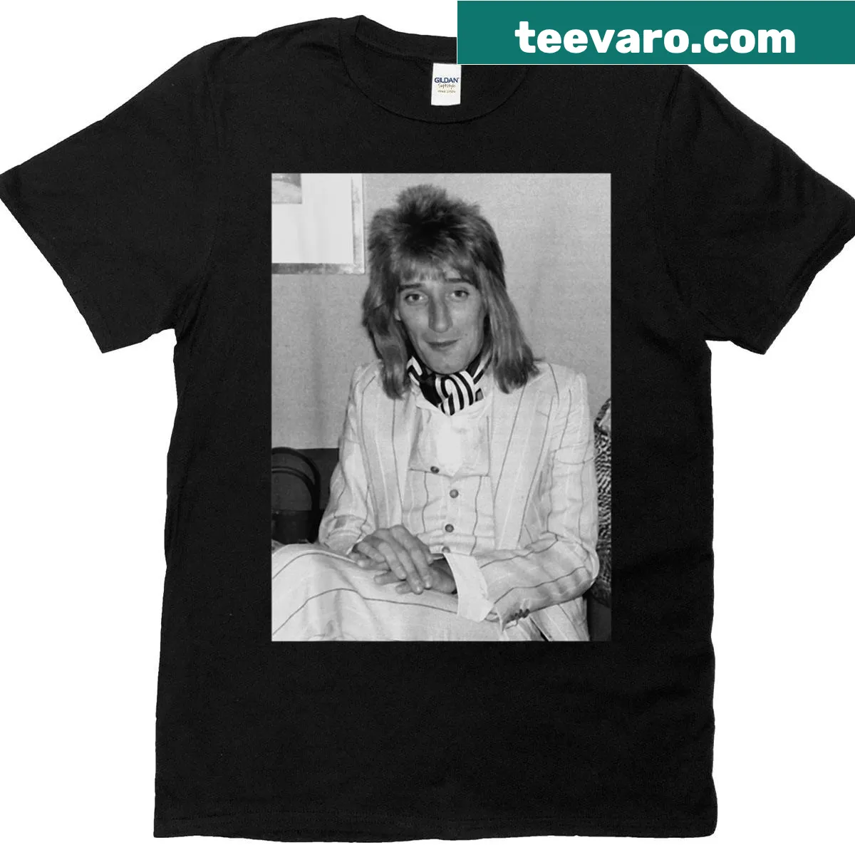 1977 Rod Stewart portrait T-shirt for music fans — on a men's t-shirt