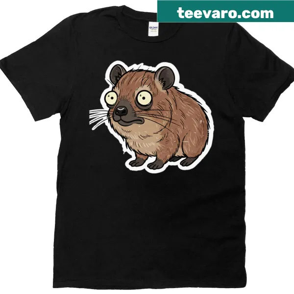 Cartoon hyrax with a scared expression on a t-shirt