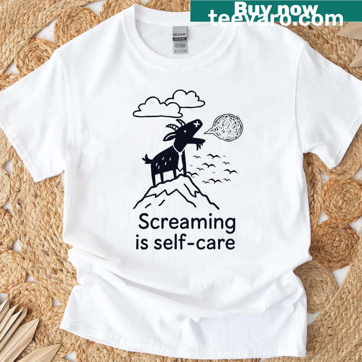 Funny goat illustration on a mental health self-care tee — on a men's t-shirt