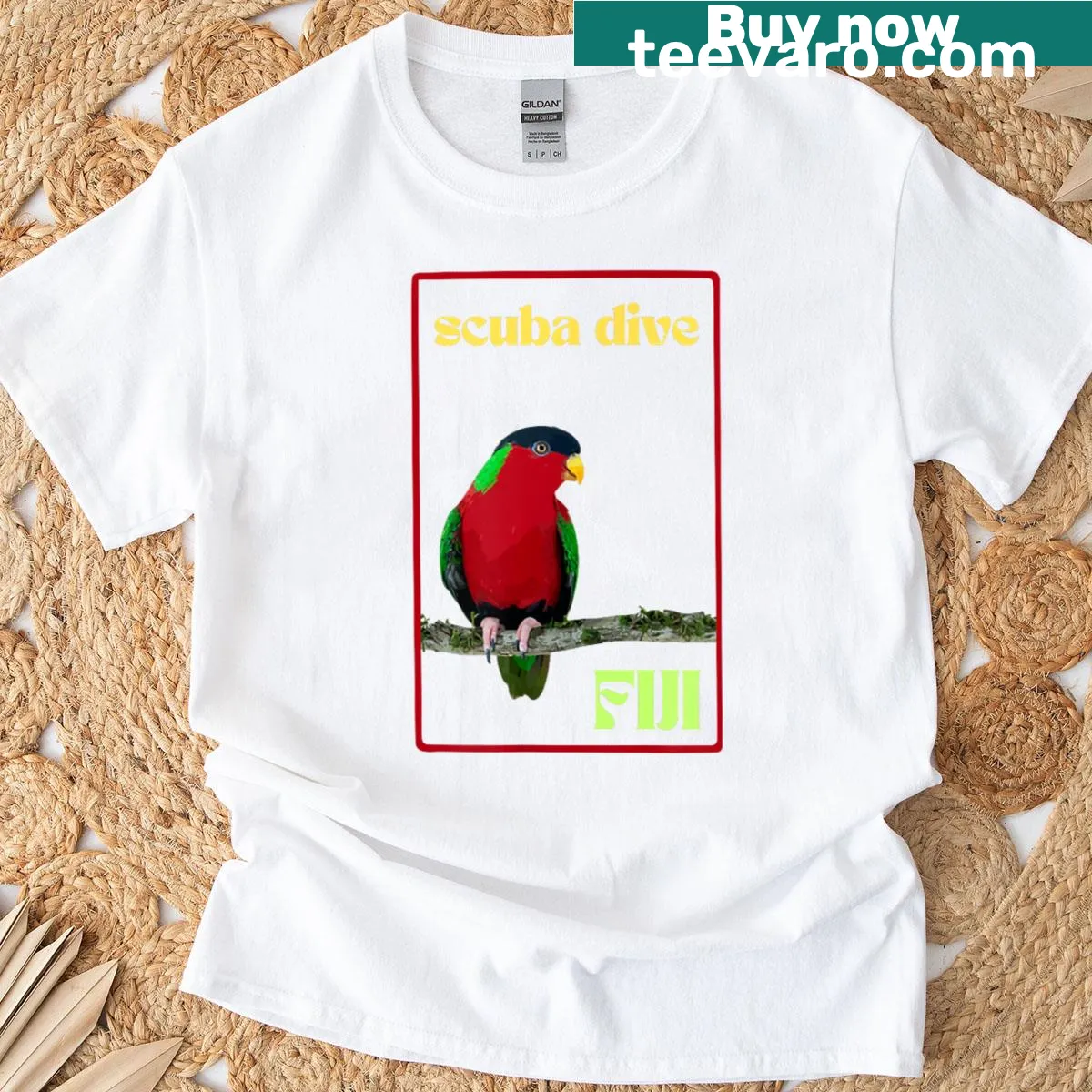 Scuba diving-themed t-shirt showcasing Fiji marine life illustration. — on a men's t-shirt