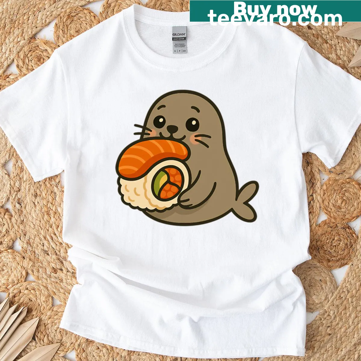 Cartoon seal sushi design on an oversized t-shirt — on a men's t-shirt