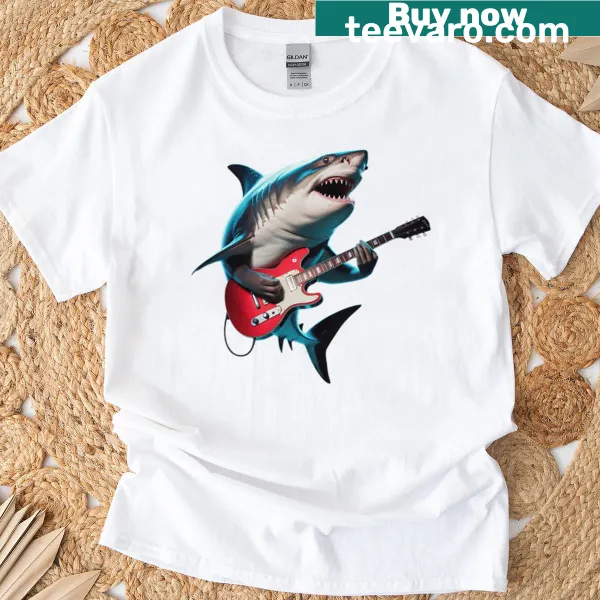 Whimsical shark playing guitar graphic on a T-shirt