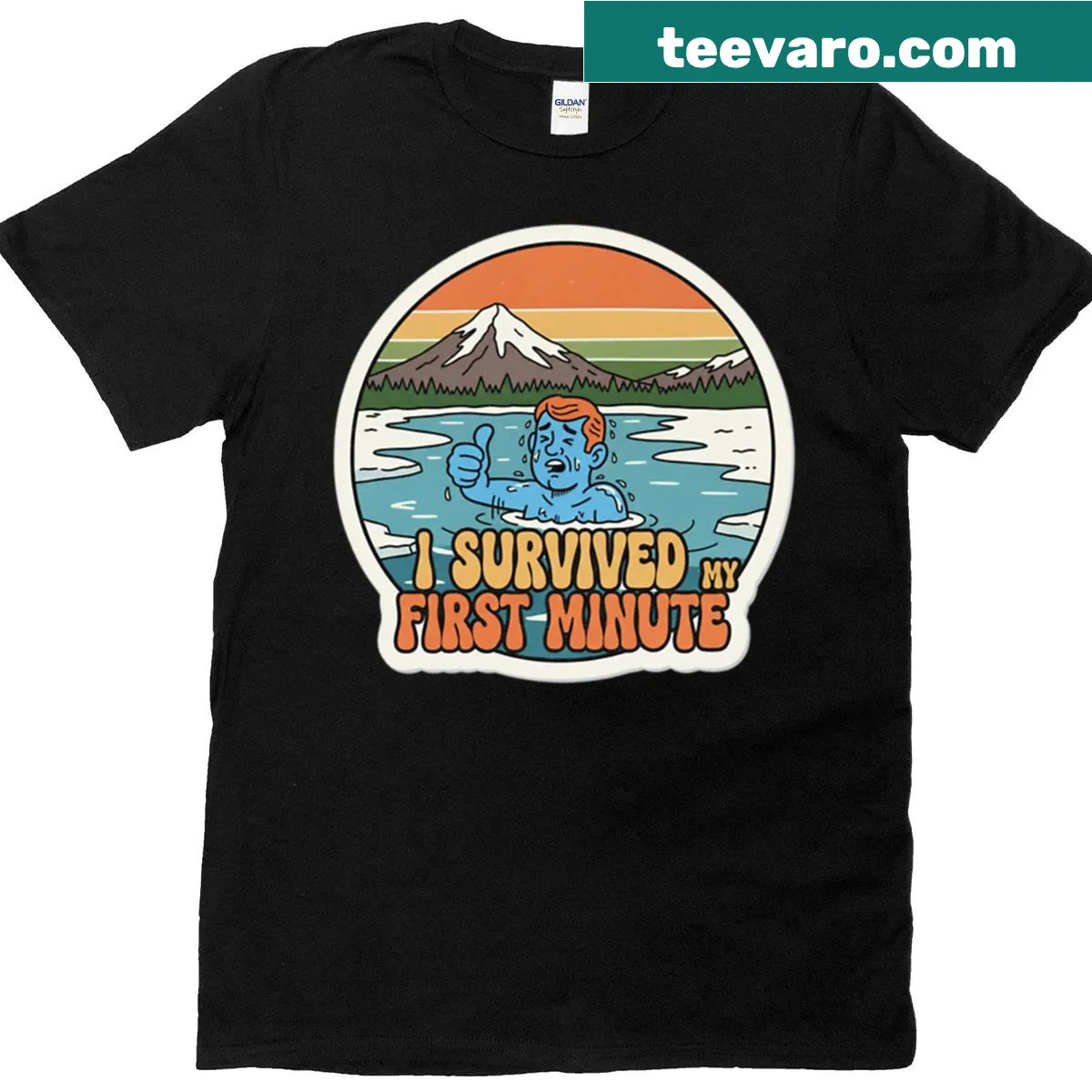 Badge-style T-shirt celebrating cold plunge survivors with a thumbs-up graphic — on a men's t-shirt