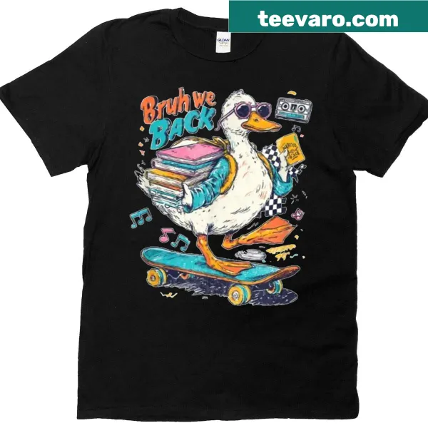 T-shirt featuring a cartoon goose on a skateboard