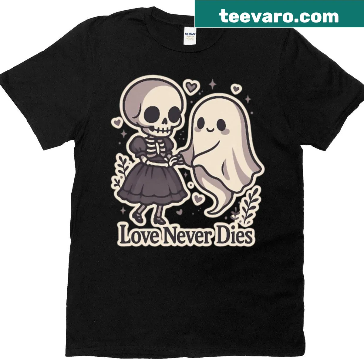 Oversized T-shirt featuring a skeleton and ghost dancing together — on a men's t-shirt