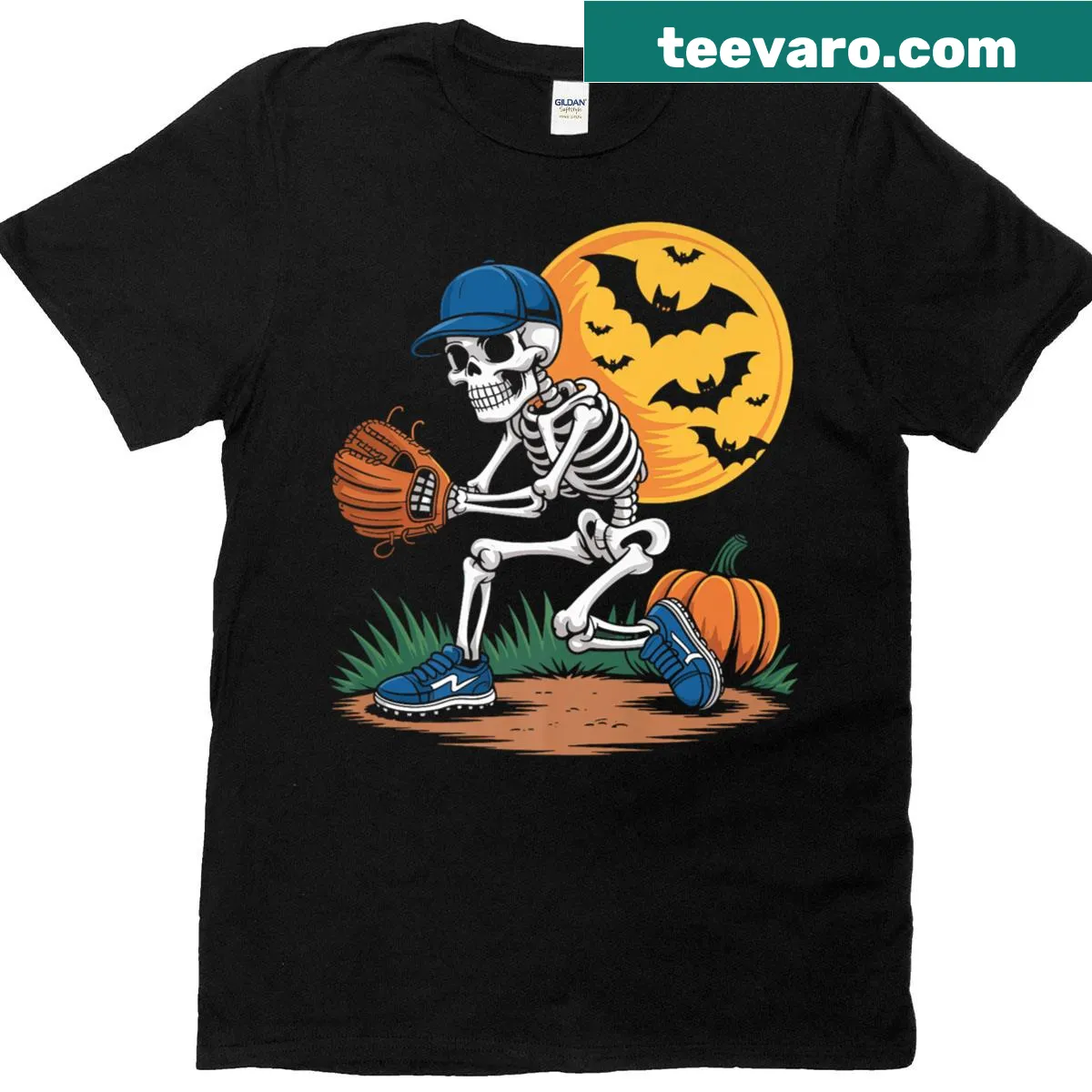 Skeleton baseball player with pumpkin graphic for Halloween shirt — on a men's t-shirt