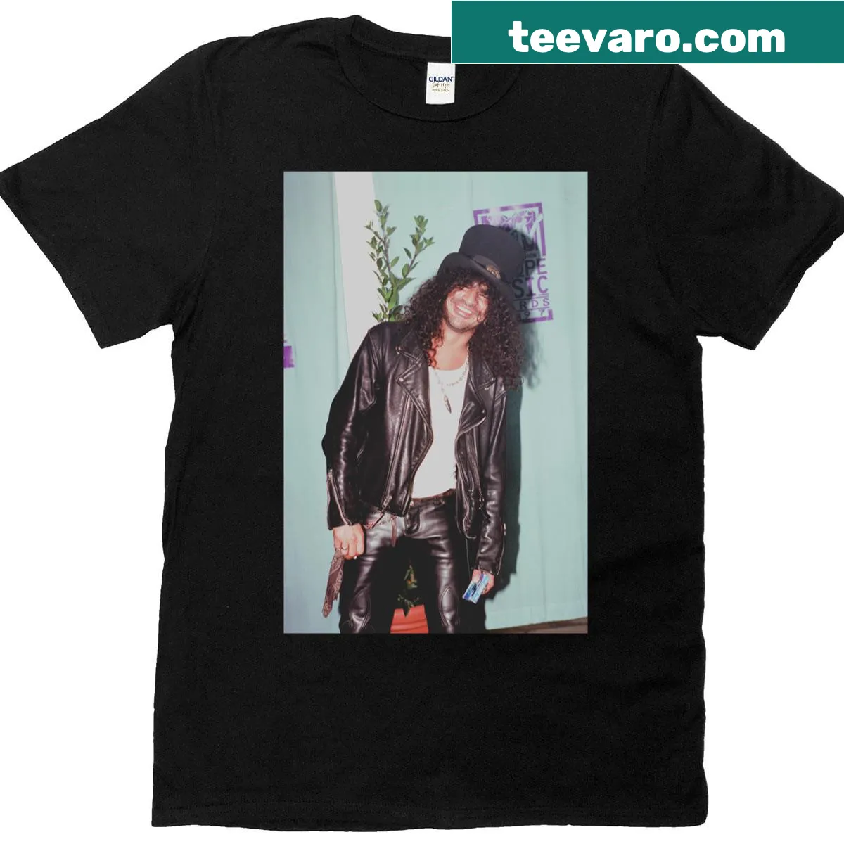 Illustrative graphic of Slash, the Guns N Roses lead guitarist, on a T-shirt — on a men's t-shirt