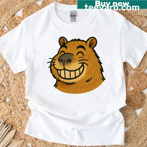 Illustrated smiling capybara on a casual t-shirt