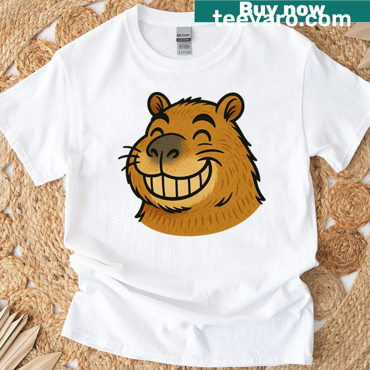 Illustrated smiling capybara on a casual t-shirt — on a men's t-shirt