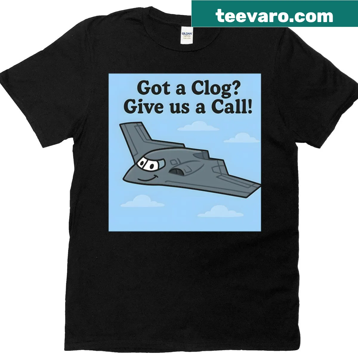 T-shirt featuring a smiling stealth jet graphic — on a men's t-shirt