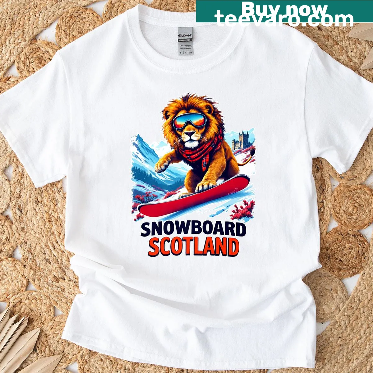 Whimsical illustration of a snowboarding lion in Scottish mountains — on a men's t-shirt