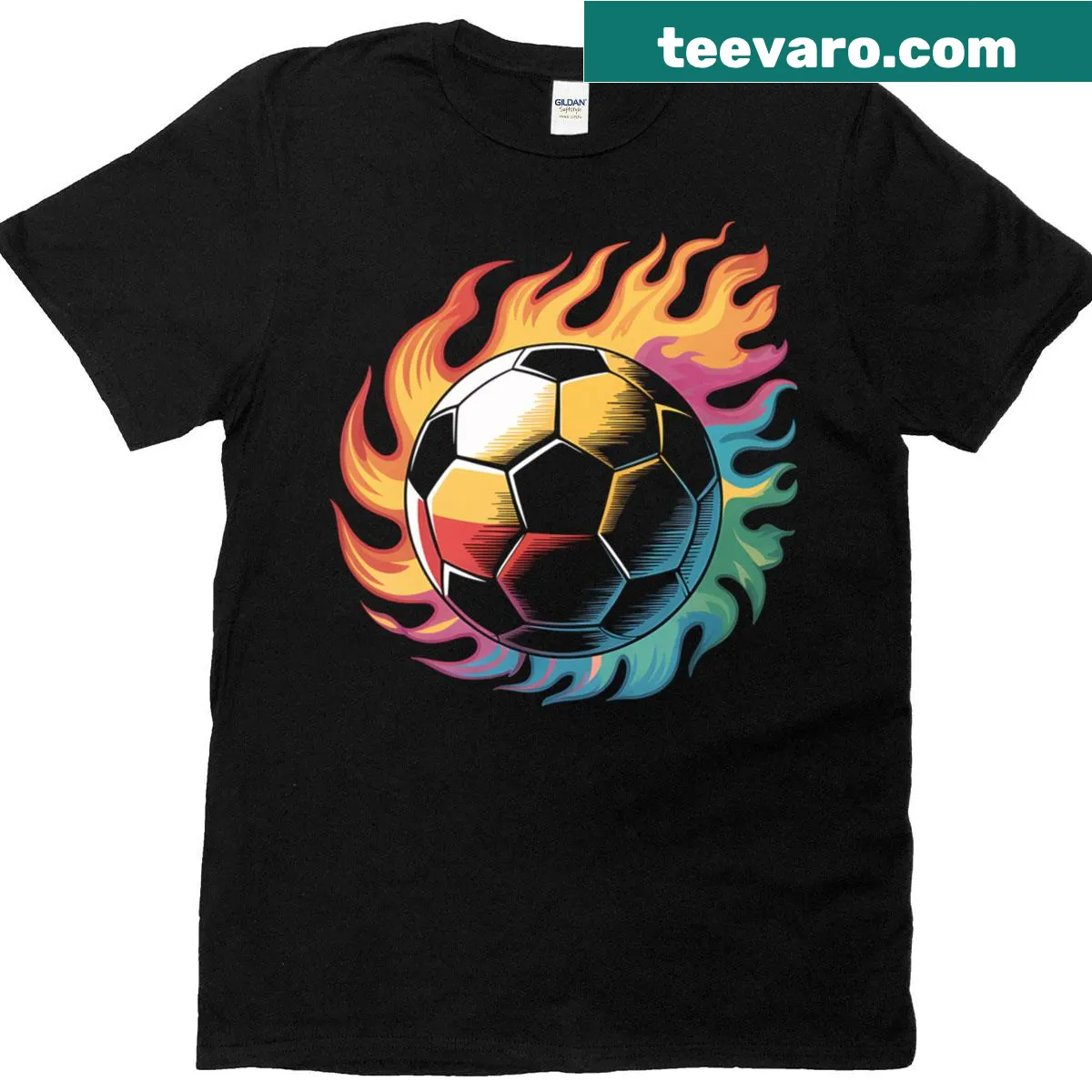 Graphic T-shirt with a flaming soccer ball and dynamic player illustration — on a men's t-shirt