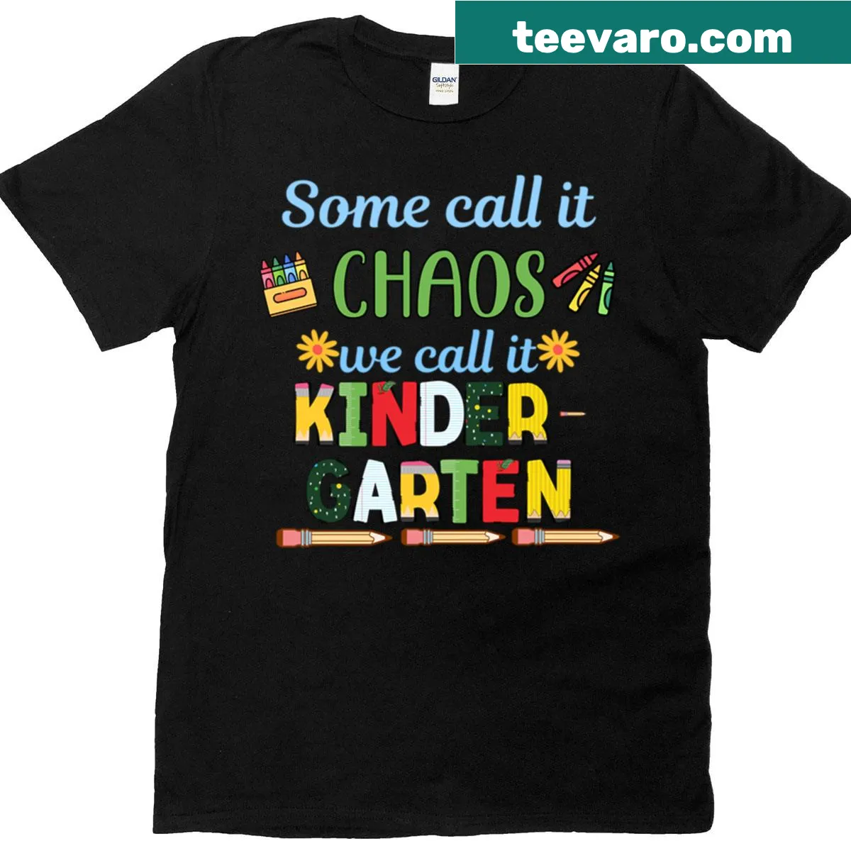 Funny kindergarten teacher T-shirt with chaos-themed typography — on a men's t-shirt
