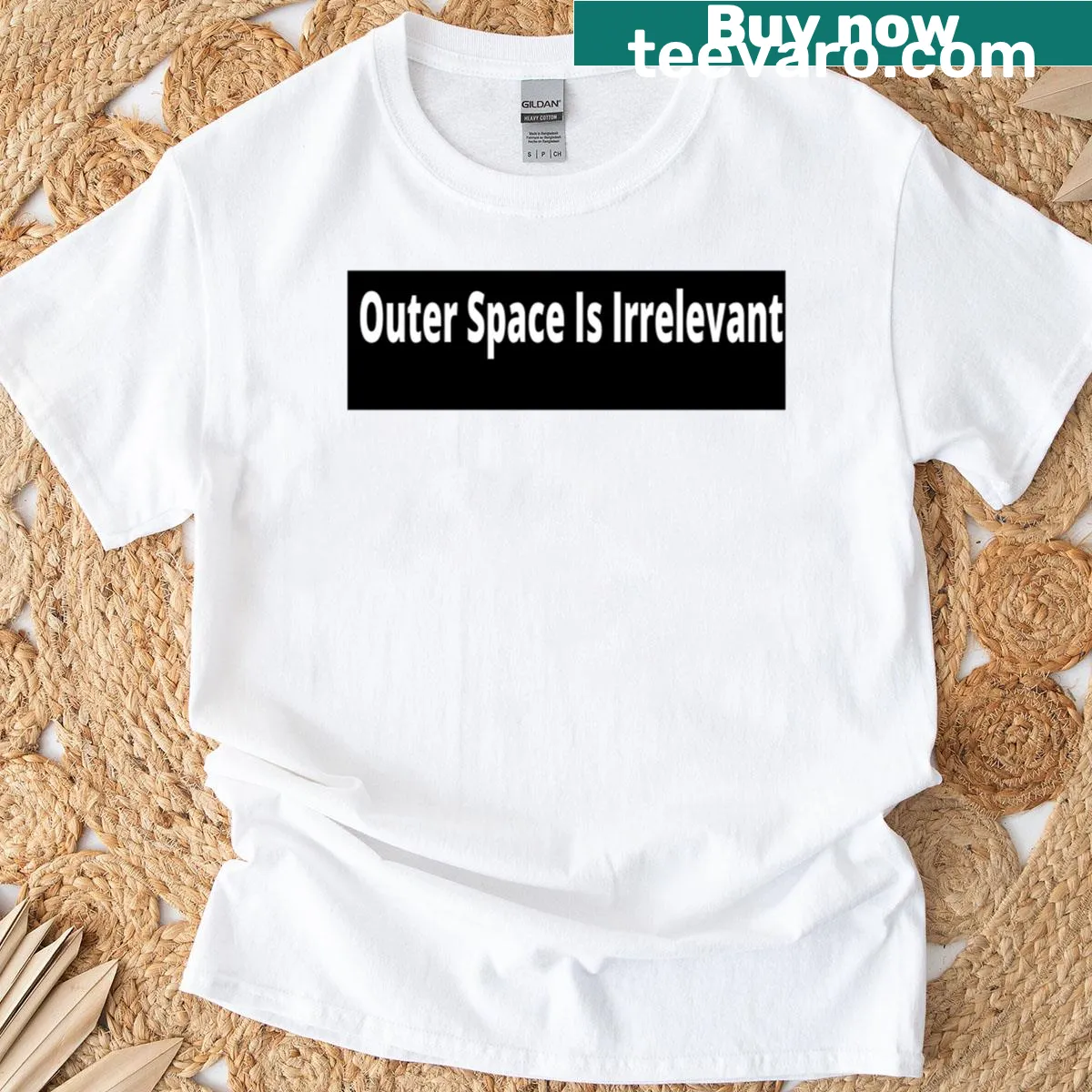 Typography t-shirt with the phrase 'Space Is Irrelevant' — on a men's t-shirt