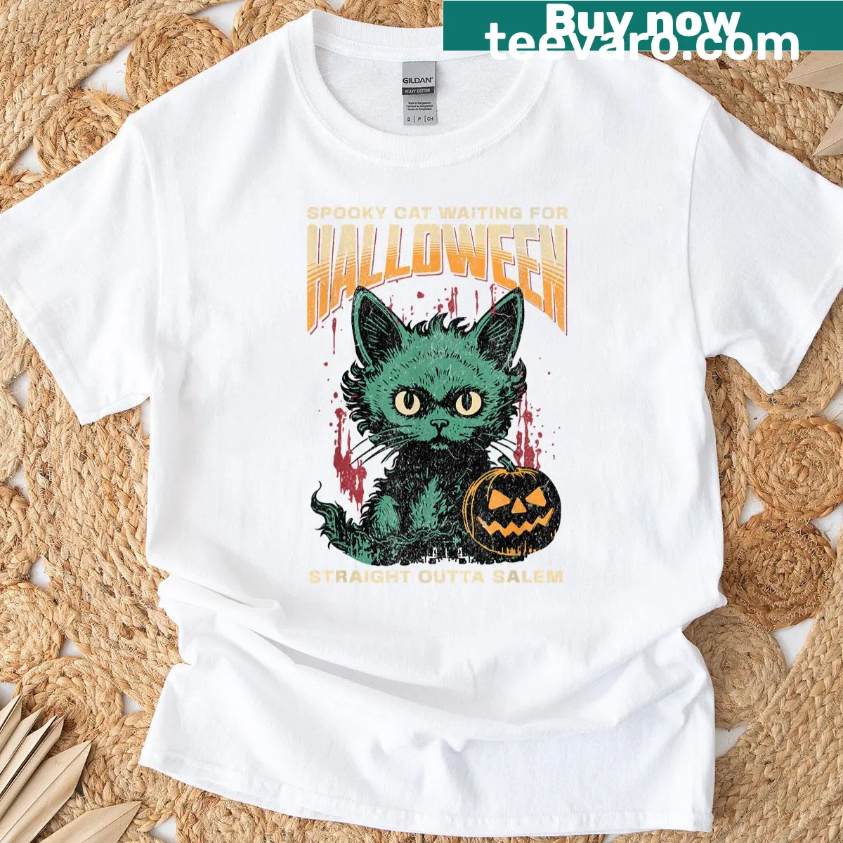 Illustrated spooky cat for Halloween on a t-shirt — on a men's t-shirt