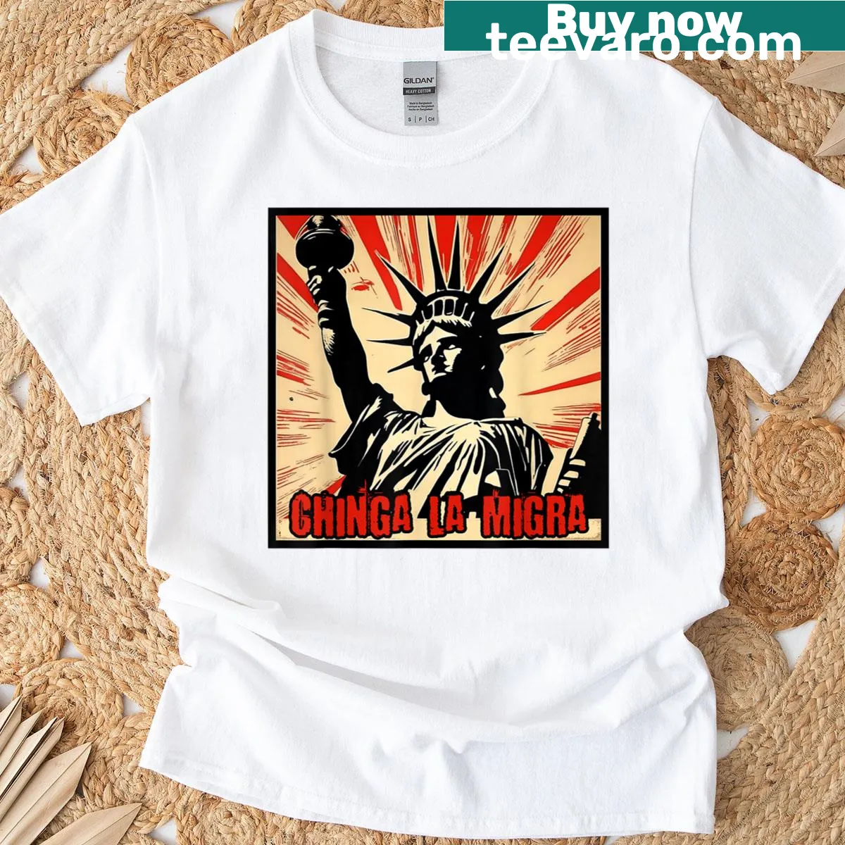 Bold graphic T-shirt of the Statue of Liberty with a social message — on a men's t-shirt