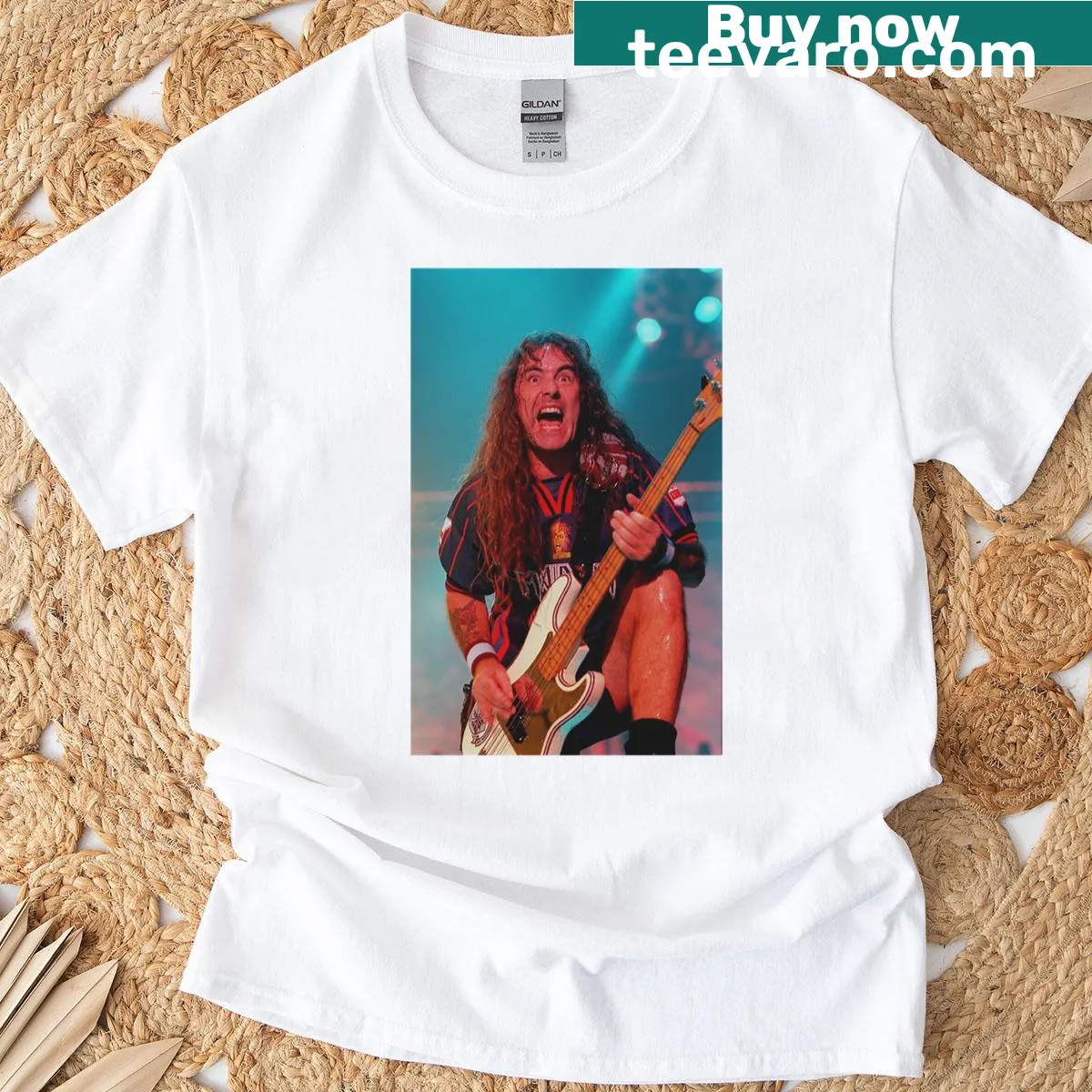 Graphic tee of Steve Harris and Iron Maiden live performance — on a men's t-shirt