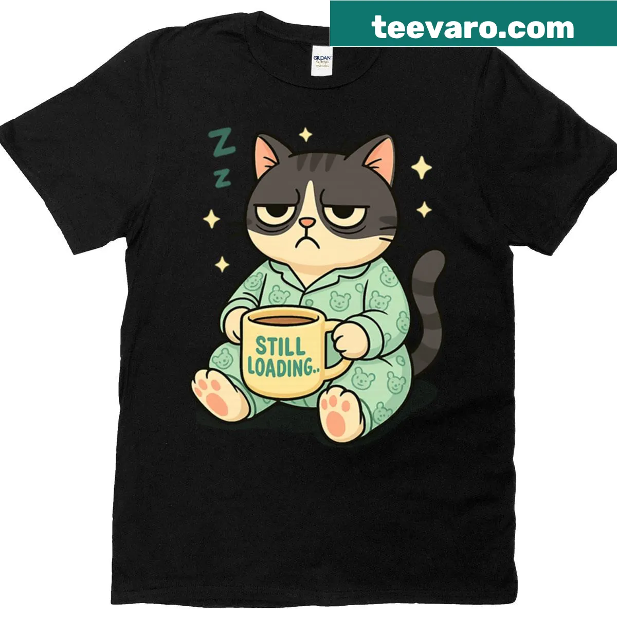 Cute T-shirt featuring a lazy cat with coffee illustration — on a men's t-shirt