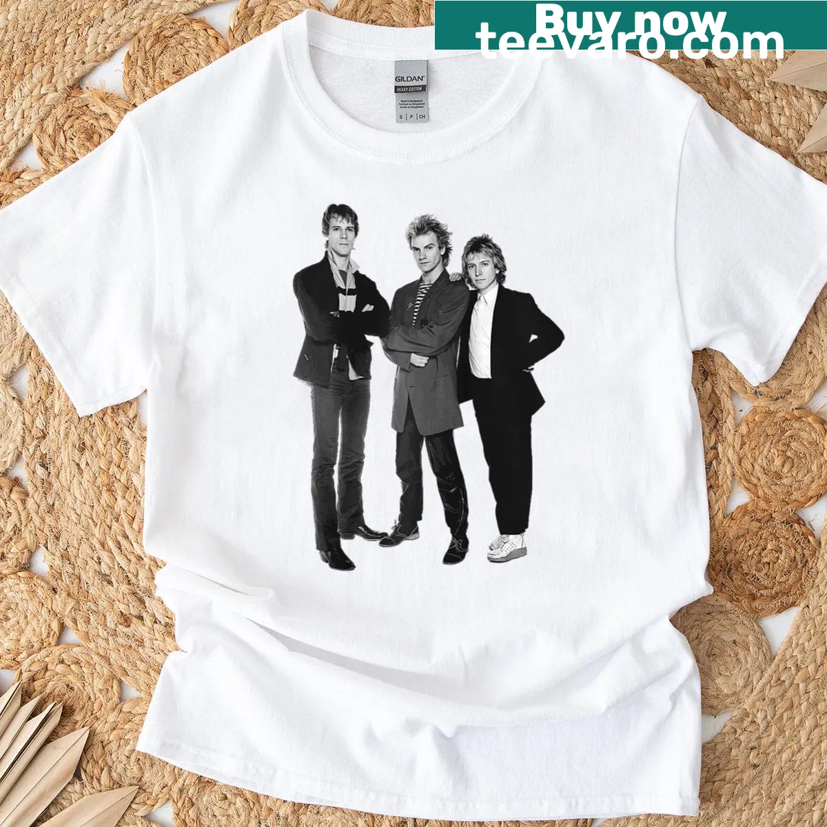 Raglan tee with vintage band photo of The Police featuring Sting, Summers, and Copeland — on a men's t-shirt