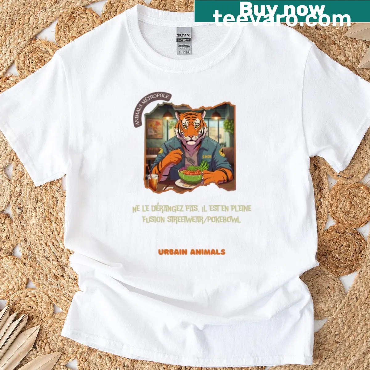 Illustration of salmon combined with streetwear elements — on a men's t-shirt