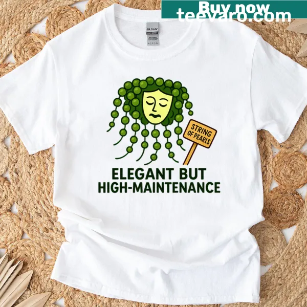 Funny plant character t-shirt with string of pearls design.