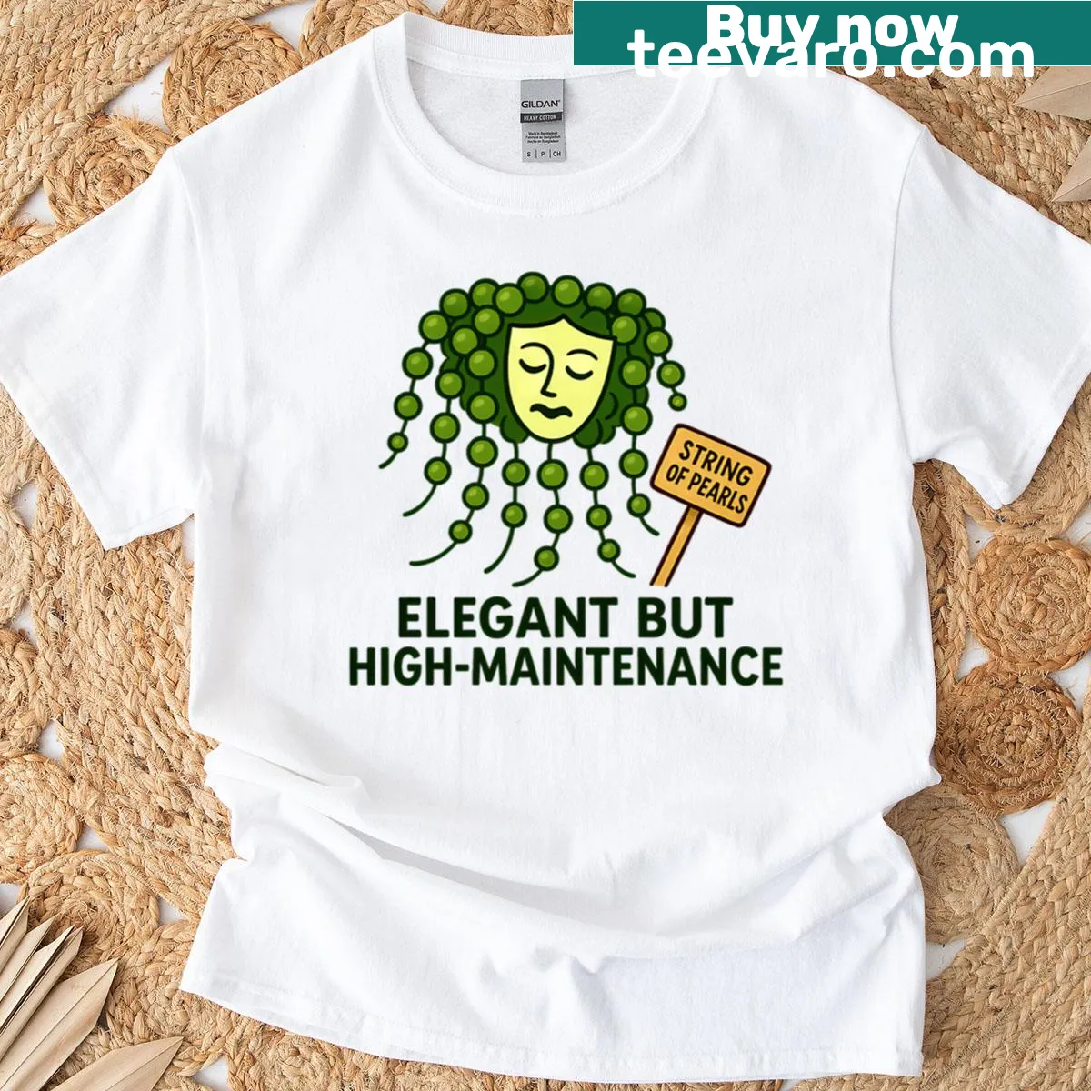 Funny plant character t-shirt with string of pearls design. — on a men's t-shirt