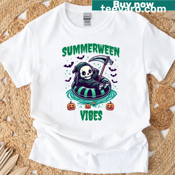 Cartoon reaper design on a Summerween-themed T-shirt.