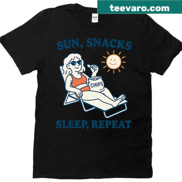 T-shirt with catchy phrase about sun, snacks, and relaxation