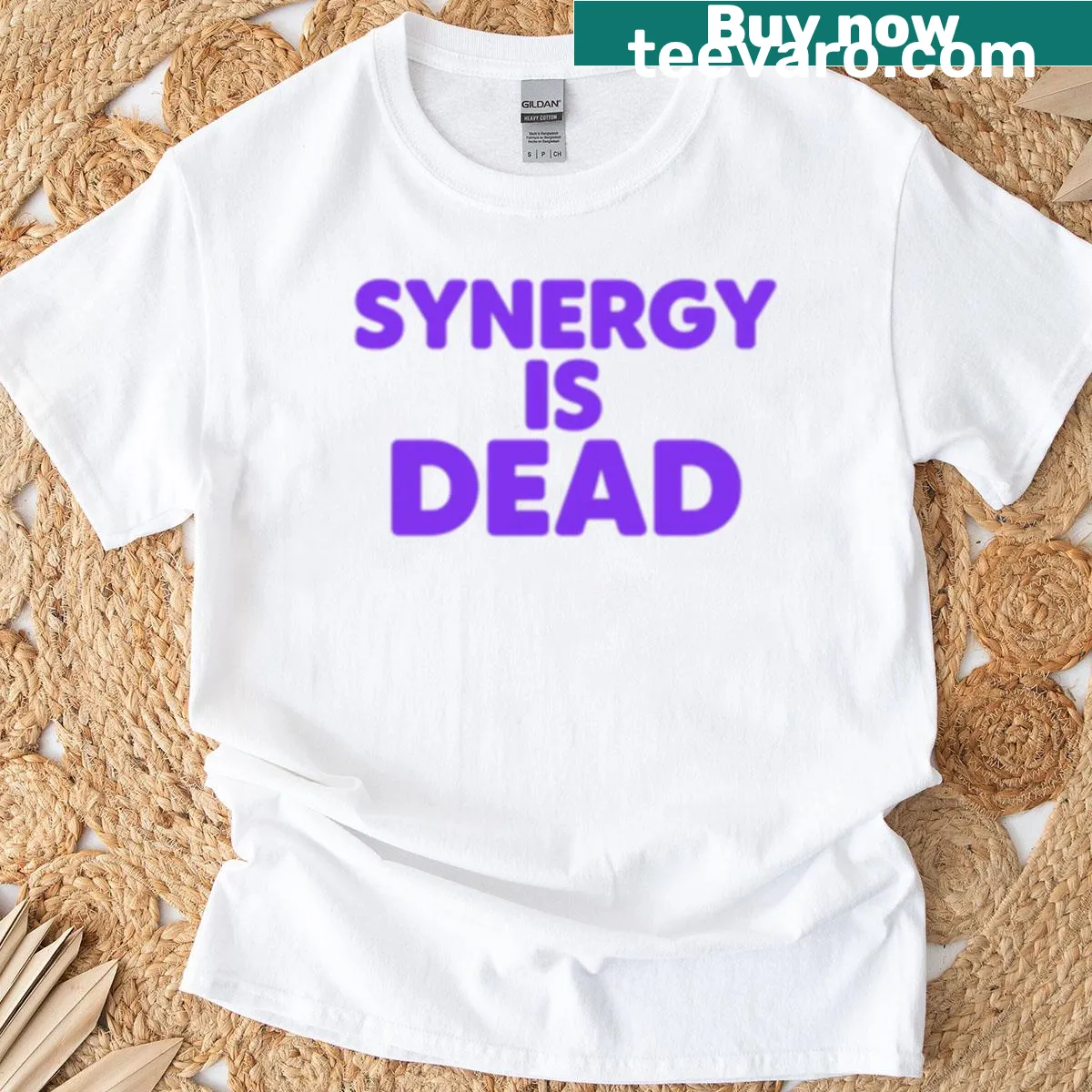 Bold text T-shirt saying 'Synergy Is Dead' — on a men's t-shirt