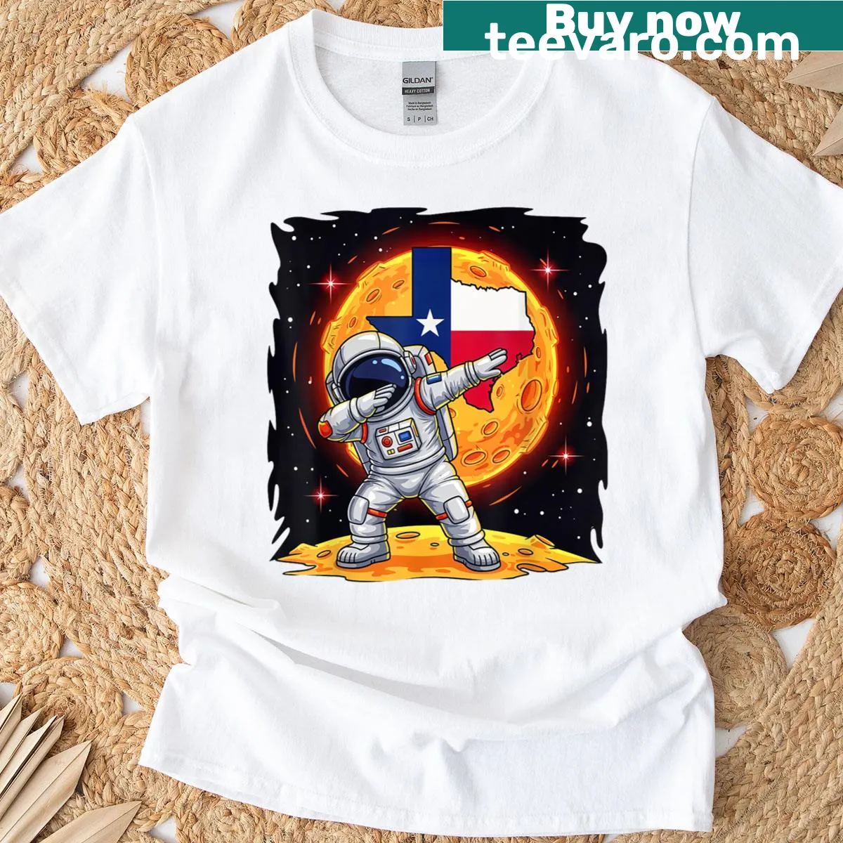 Astronaut dabbing against stars in a humorous space-themed design — on a men's t-shirt