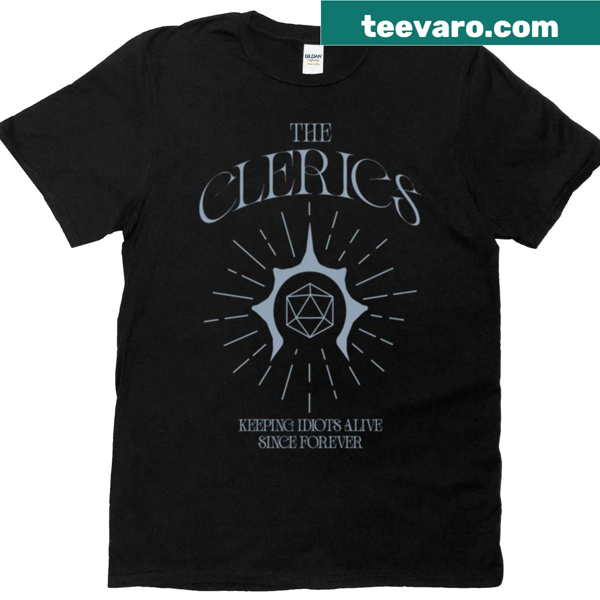 Illustrated Clerics t-shirt featuring fantasy-themed artwork — on a men's t-shirt