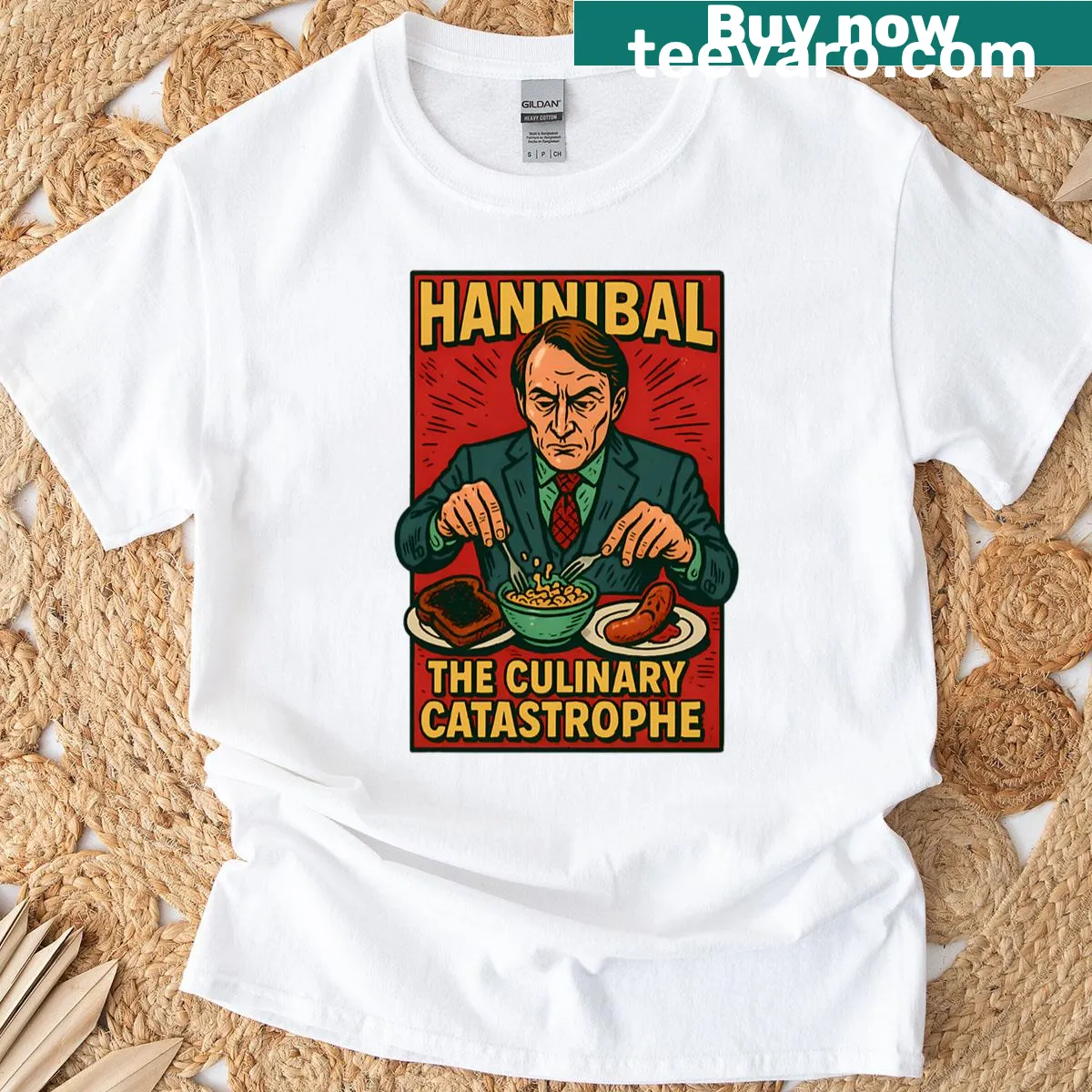 Dark humor food parody t-shirt featuring culinary disasters — on a men's t-shirt